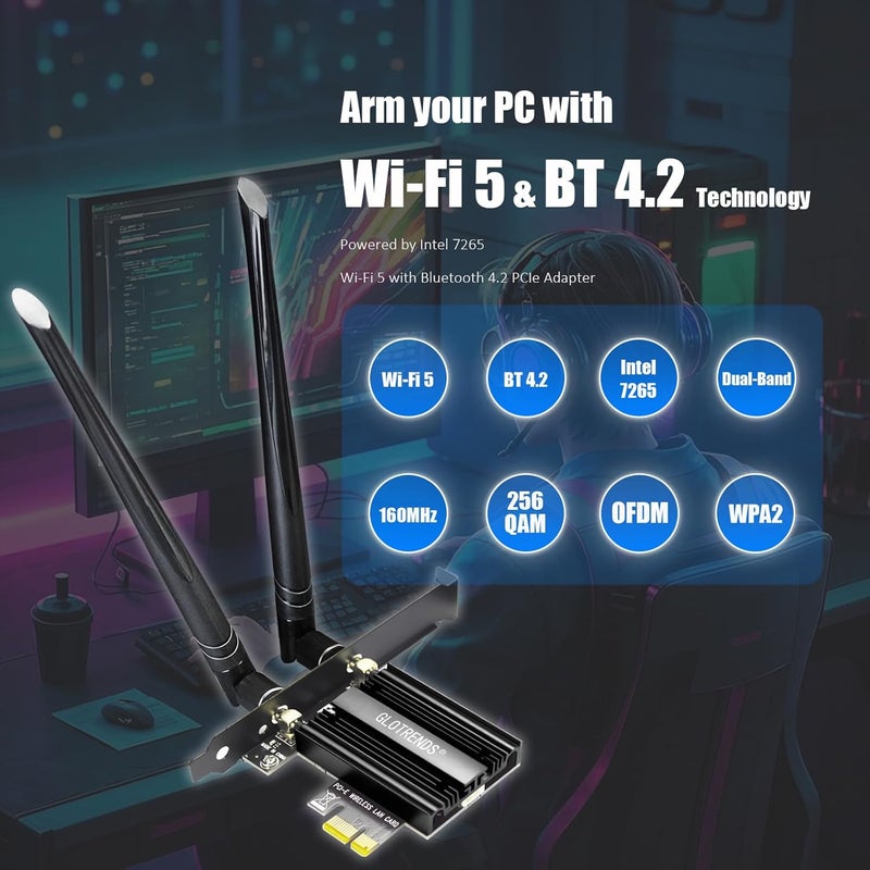 جلوتريندز بطاقة GLOTRENDS AC1200 WiFi 5 PCIe مع قوس منخفض الارتفاع لأجهزة الكمبيوتر المكتبية، شريحة Intel 7265، 802.11ac، بلوتوث 4.2، تدعم Windows 11/10/7/Linux، لا تدعم Mac OS/Windows XP - Image 2