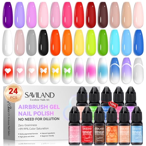 SAVILAND Airbrush Gel Nail Polish HemaFree DilutionFree 24 Colors Airbrush for Nails NonAcetone for Gradients Nails Blush Layered Nail Art Various Pattern High Color Saturation for Home Salon Kit - Image 1