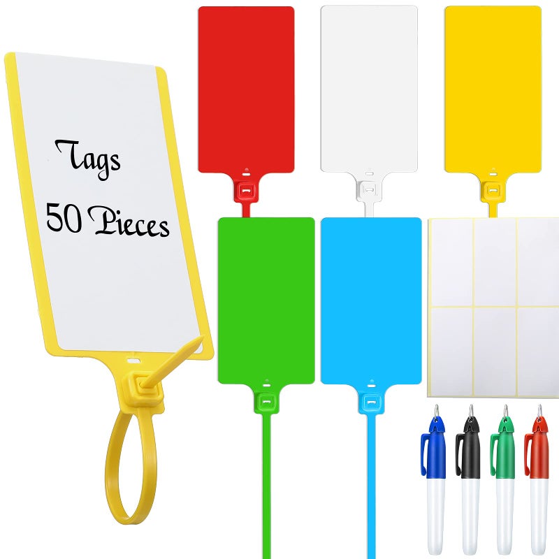 Pajean Pajean Waterproof Plastic Tags with Marker Pens and Sticker Labels, Self Locking Bag Writable Tags with Wire Cable Ties for Luggage(Multi Colors,50 Pieces)  - Image 1