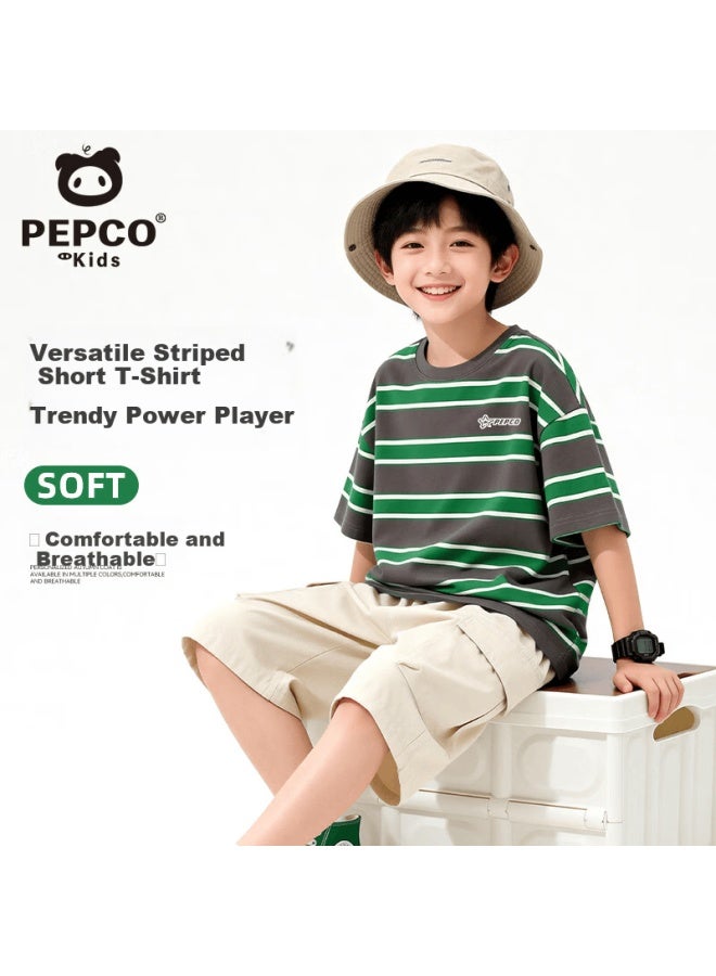 Pepco Piggy Banner Kids Short Sleeve Summer New Boys Striped T-shirt Trendy Colorblock Top Big Kids Summer Sportswear - Image 1