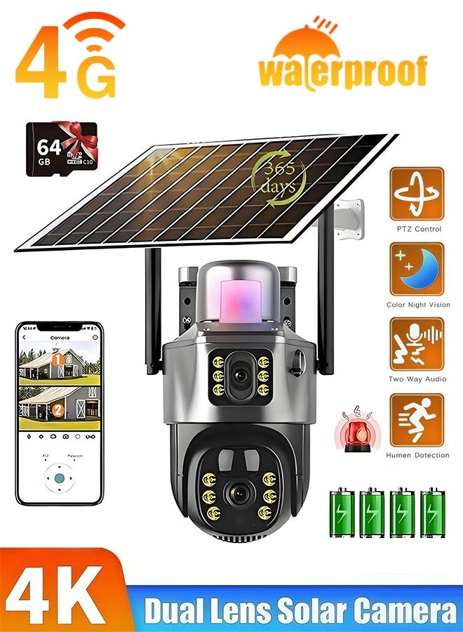 ديقيساند كاميرا شمسية بدقة 4K و8 ميجابكسل، تدعم شريحة 4G، مزودة بخاصية PTZ، كاميرا خارجية بعدسة مزدوجة، كاميرا IP، لوحة شمسية، نظام مراقبة تلفزيونية، بطارية مدمجة، كاميرا PIR (مع بطاقة ذاكرة SD سعة 64 جيجابايت). - Image 1
