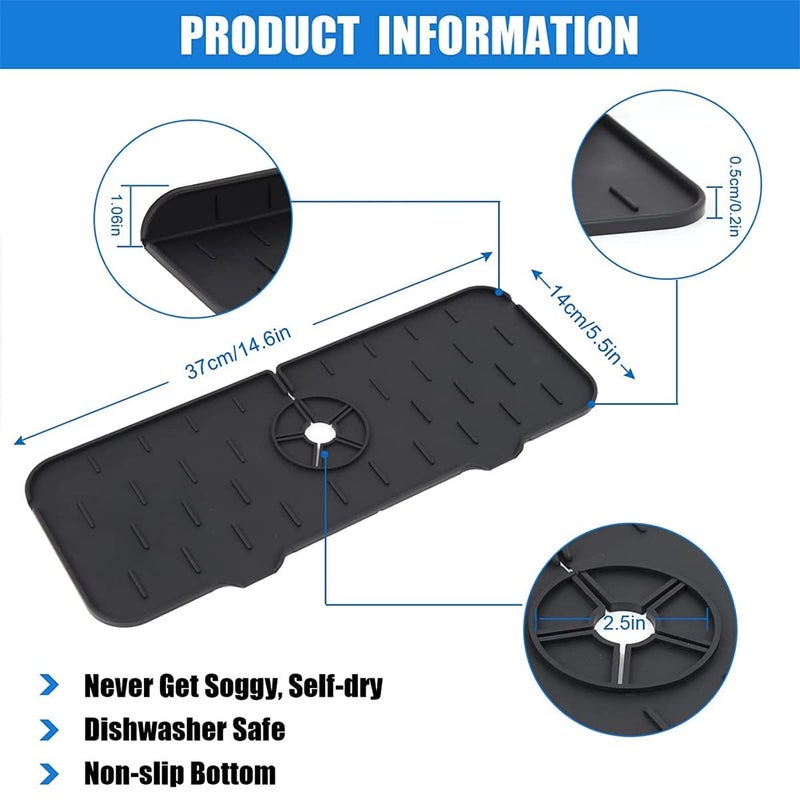 HARI Kitchen Sink Splash Guard 145 Silicone Faucet Handle Drip Catcher Tray Dish Soap Sponge Holder Mat Behind Faucet Kitchen Gadgets Sink Accessories Drying Mat Sink for Kitchen Black - Image 2