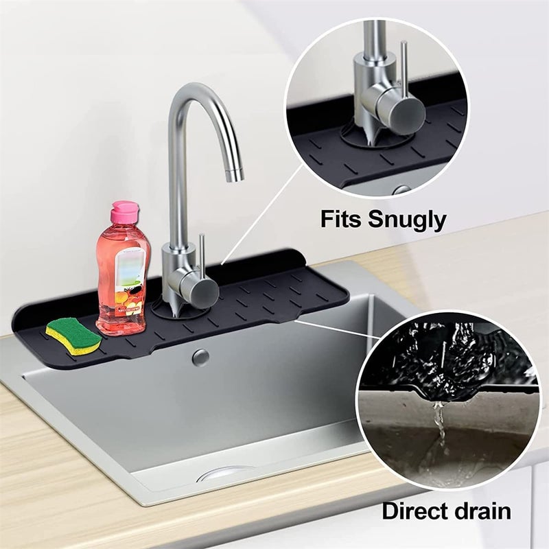 HARI Kitchen Sink Splash Guard 145 Silicone Faucet Handle Drip Catcher Tray Dish Soap Sponge Holder Mat Behind Faucet Kitchen Gadgets Sink Accessories Drying Mat Sink for Kitchen Black - Image 3