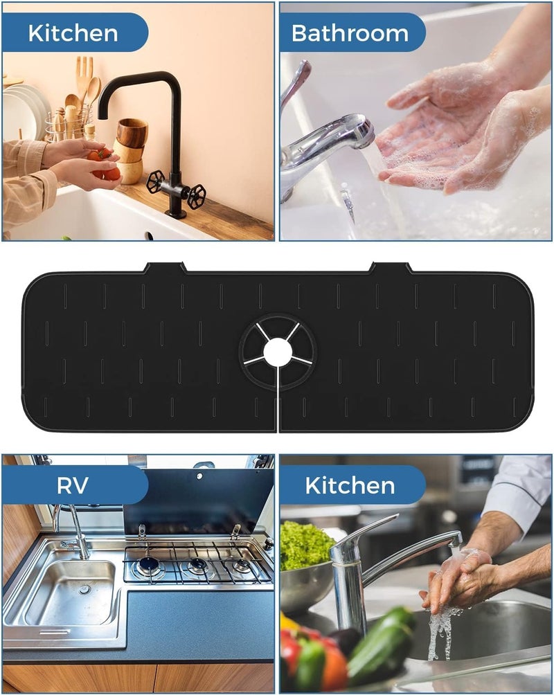 HARI Kitchen Sink Splash Guard 145 Silicone Faucet Handle Drip Catcher Tray Dish Soap Sponge Holder Mat Behind Faucet Kitchen Gadgets Sink Accessories Drying Mat Sink for Kitchen Black - Image 5