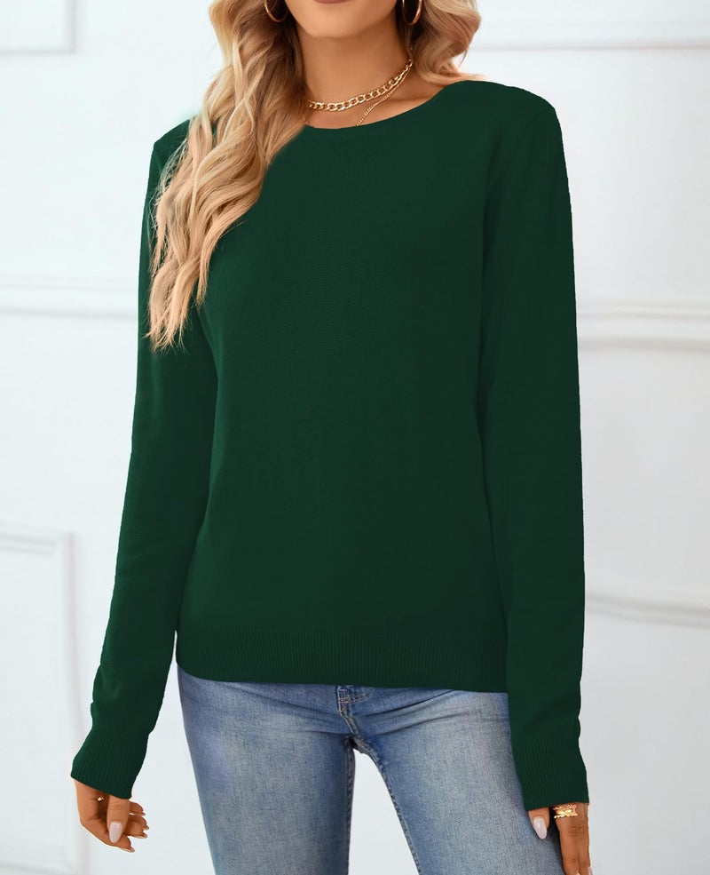QUALFORT Women's 100% Cotton Sweater Crewneck Long Sleeve Knitted Sweaters Deep Green Large - Image 4
