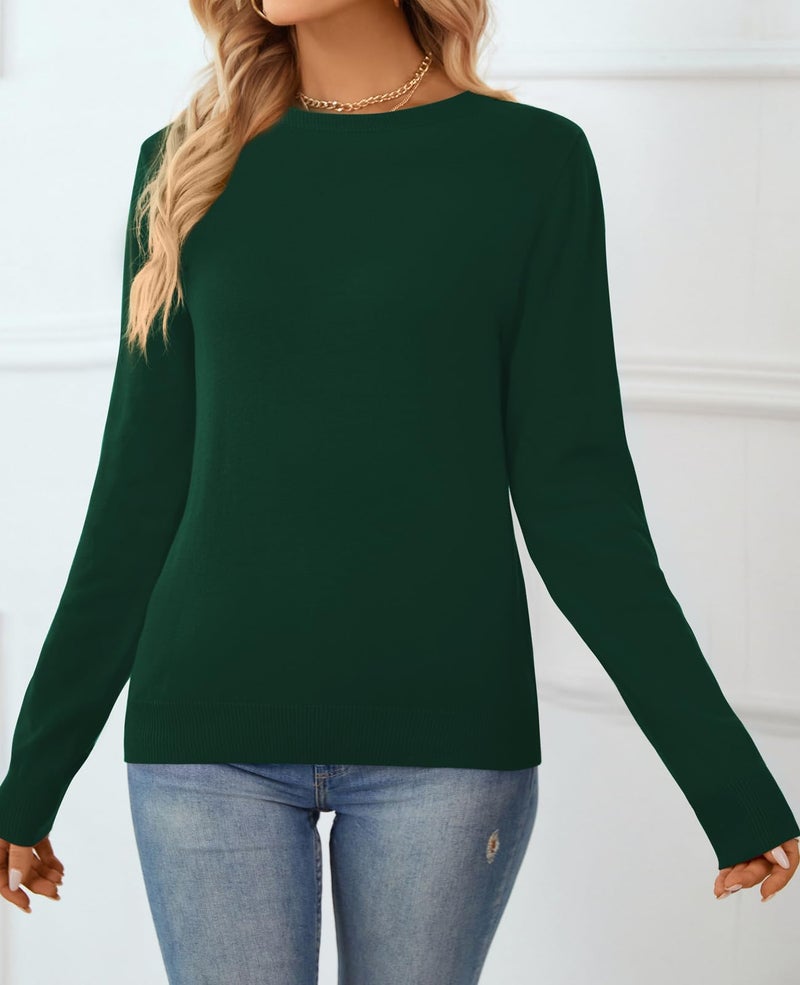 QUALFORT Women's 100% Cotton Sweater Crewneck Long Sleeve Knitted Sweaters Deep Green Large - Image 5