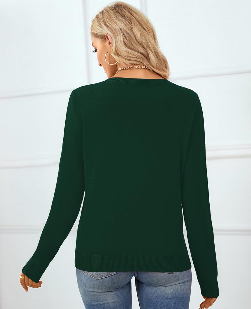 QUALFORT Women's 100% Cotton Sweater Crewneck Long Sleeve Knitted Sweaters Deep Green Large - Image 2