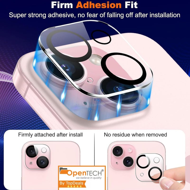 OpenTech ® Premium Camera Lens Protector Tempered Glass Compatible For iPhone 15 / iPhone 15 Plus With Edge To Edge Coverage (Full Transparent) (Pack of Two) - Image 4