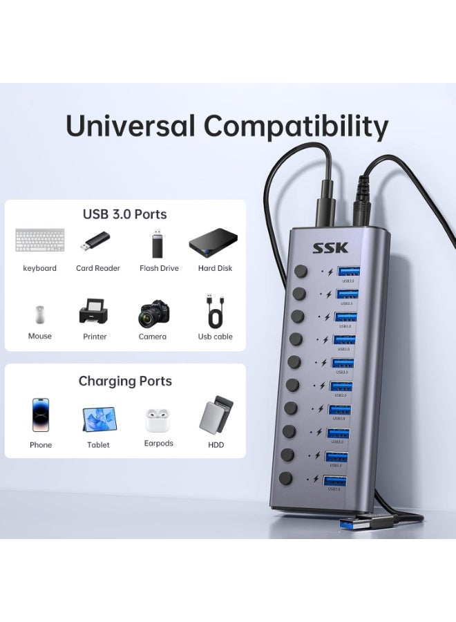 SSK Aluminium 10 Port Powered USB 3.0 Charging Hub, 60W with DC 12V5A Power Adapter, Supports Simultaneous Fast Charge and 5Gbps Data Transmission, 1.2m Long Cable - Image 3
