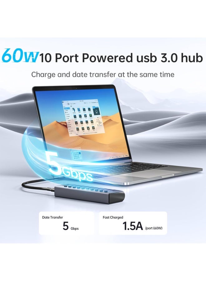 SSK Aluminium 10 Port Powered USB 3.0 Charging Hub, 60W with DC 12V5A Power Adapter, Supports Simultaneous Fast Charge and 5Gbps Data Transmission, 1.2m Long Cable - Image 2