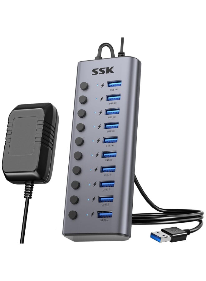 SSK Aluminium 10 Port Powered USB 3.0 Charging Hub, 60W with DC 12V5A Power Adapter, Supports Simultaneous Fast Charge and 5Gbps Data Transmission, 1.2m Long Cable - Image 1