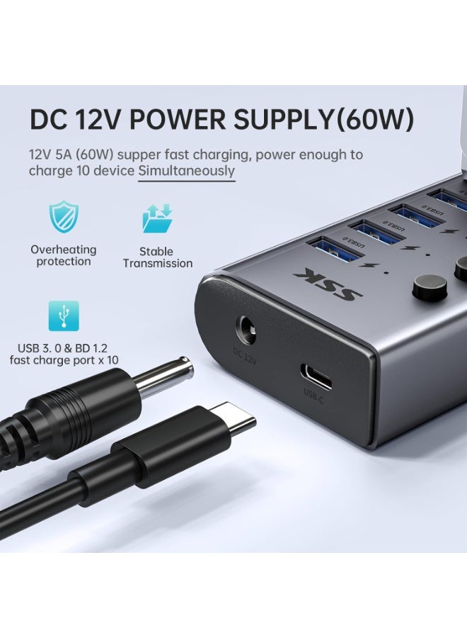 SSK Aluminium 10 Port Powered USB 3.0 Charging Hub, 60W with DC 12V5A Power Adapter, Supports Simultaneous Fast Charge and 5Gbps Data Transmission, 1.2m Long Cable - Image 4