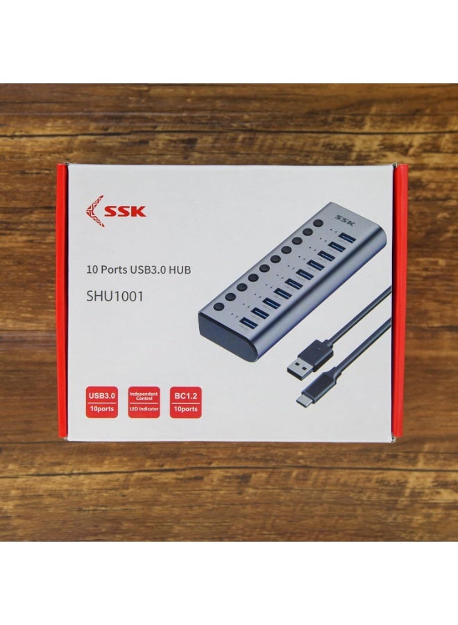 SSK Aluminium 10 Port Powered USB 3.0 Charging Hub, 60W with DC 12V5A Power Adapter, Supports Simultaneous Fast Charge and 5Gbps Data Transmission, 1.2m Long Cable - Image 5
