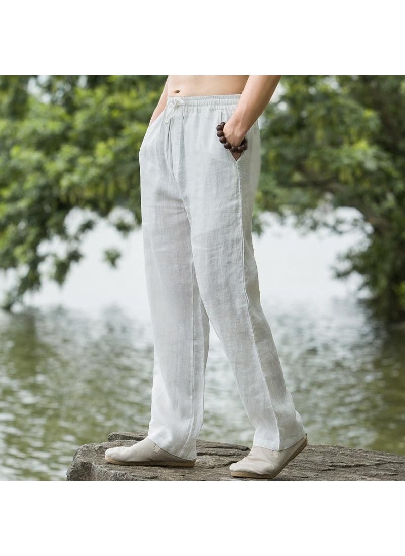 Generic - High-End Pure Linen Casual Pants Mens Tang Costume Summer Fashion Loose Thin Straight Cotton-Linen Long Trousers White - Image 1