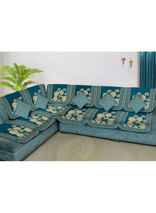 Dazzling Decor Velvet L Shape Flower Design 6 Seater Sofa Cover with 5 Cushions | Anti-Slip Sofa Protector Covers | Sofa Slipcovers for Living Room - Sky Blue - Image 3