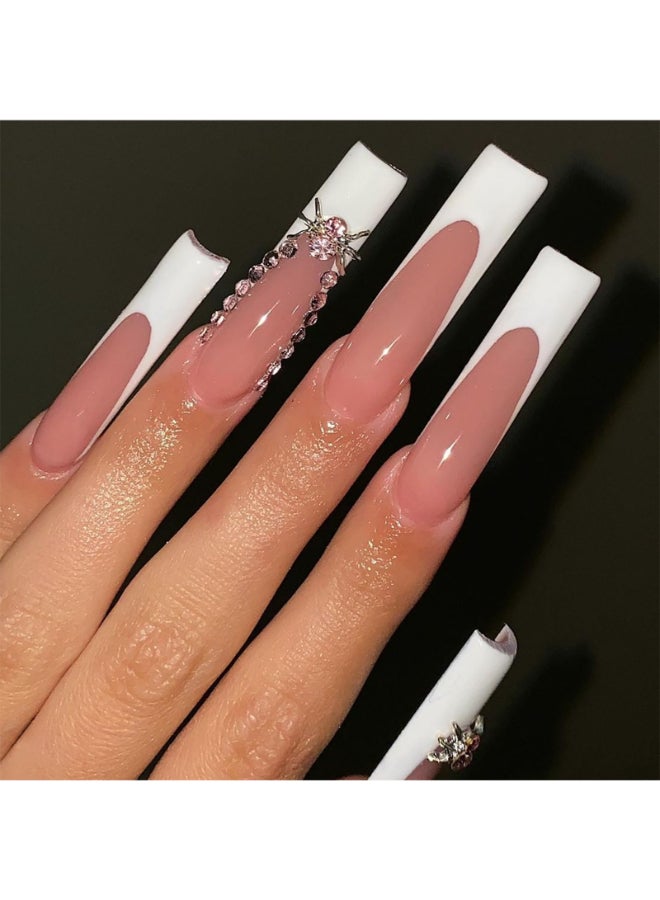 MABKJLF Halloween Press on Nails Extra Long White French Tip Fake Nails Pink Full Cover False Nails with Spider Charm Designs Rhinestones Glossy Glue on Nails Artificial Nails for Women Girls 24Pcs - Image 2