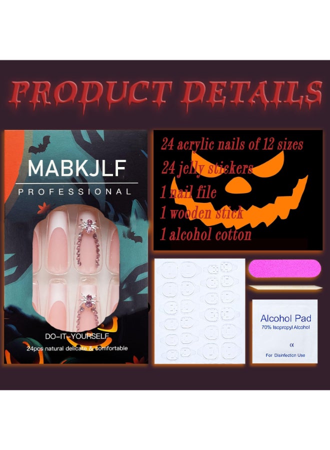 MABKJLF Halloween Press on Nails Extra Long White French Tip Fake Nails Pink Full Cover False Nails with Spider Charm Designs Rhinestones Glossy Glue on Nails Artificial Nails for Women Girls 24Pcs - Image 4