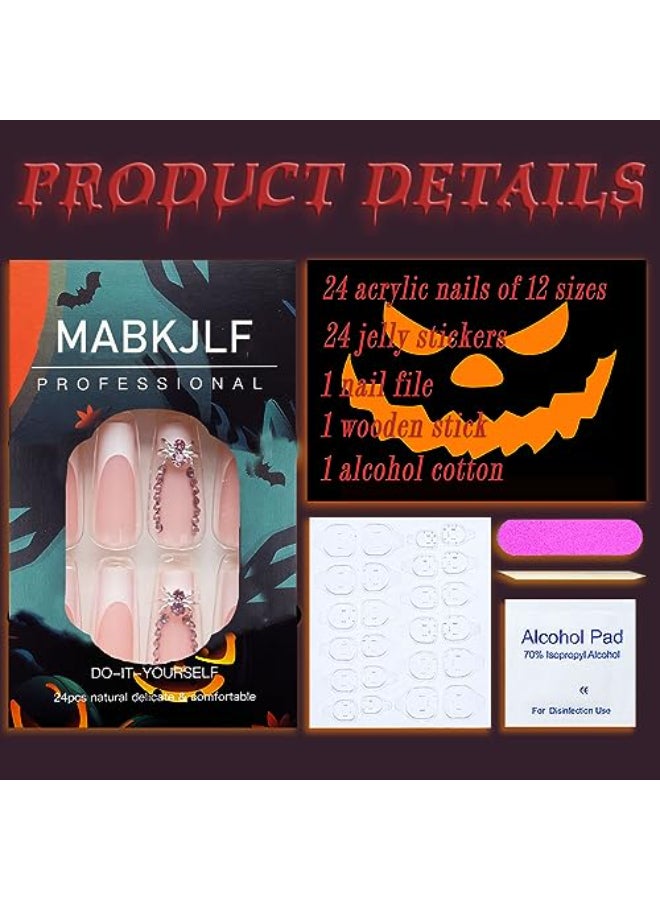 MABKJLF Halloween Press on Nails Extra Long White French Tip Fake Nails Pink Full Cover False Nails with Spider Charm Designs Rhinestones Glossy Glue on Nails Artificial Nails for Women Girls 24Pcs - Image 3