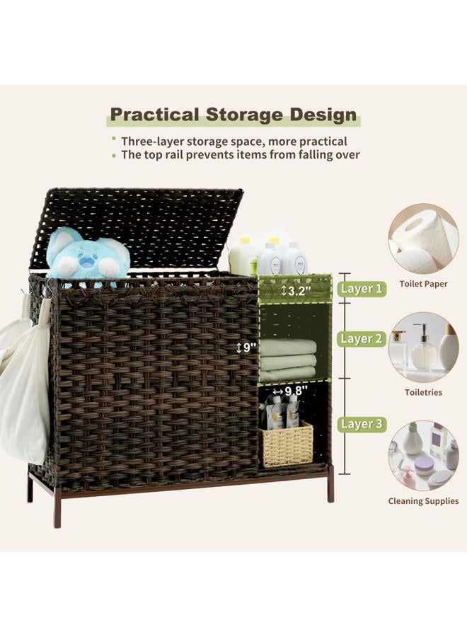 Gitelsnour Laundry Hamper with Lid, 130L Rattan Laundry Hamper 3 Section with 3-Tier Storage Shelf (50L), Wicker Woven Laundry Sorter Basket with 4 Removable Liner Bags and Handles, Brown GLH003BR - Image 3