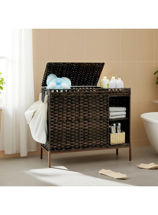Gitelsnour Laundry Hamper with Lid, 130L Rattan Laundry Hamper 3 Section with 3-Tier Storage Shelf (50L), Wicker Woven Laundry Sorter Basket with 4 Removable Liner Bags and Handles, Brown GLH003BR - Image 1