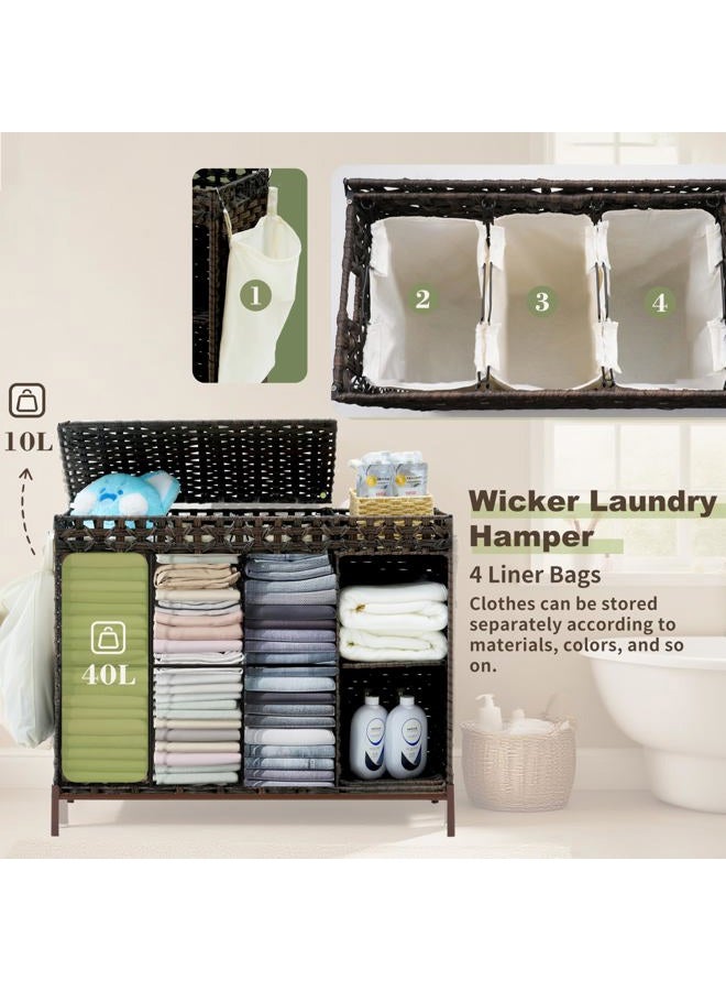 Gitelsnour Laundry Hamper with Lid, 130L Rattan Laundry Hamper 3 Section with 3-Tier Storage Shelf (50L), Wicker Woven Laundry Sorter Basket with 4 Removable Liner Bags and Handles, Brown GLH003BR - Image 4