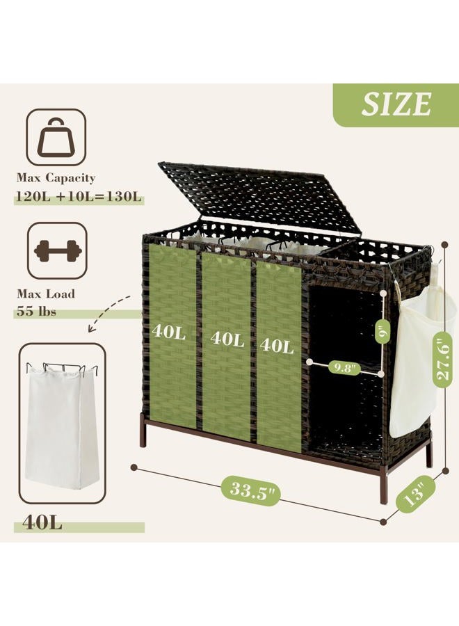 Gitelsnour Laundry Hamper with Lid, 130L Rattan Laundry Hamper 3 Section with 3-Tier Storage Shelf (50L), Wicker Woven Laundry Sorter Basket with 4 Removable Liner Bags and Handles, Brown GLH003BR - Image 2
