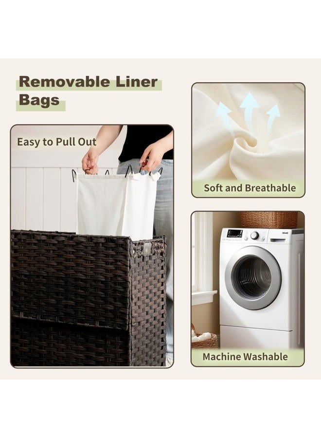 Gitelsnour Laundry Hamper with Lid, 130L Rattan Laundry Hamper 3 Section with 3-Tier Storage Shelf (50L), Wicker Woven Laundry Sorter Basket with 4 Removable Liner Bags and Handles, Brown GLH003BR - Image 5