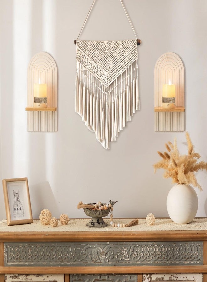Walasis White Boho Wall Candle Holder - Mid Century Candle Sconces Set of 2 for Pillar Candles - Wood Modern Rainbow Arch Decor Beside Fireplace TV - Image 2