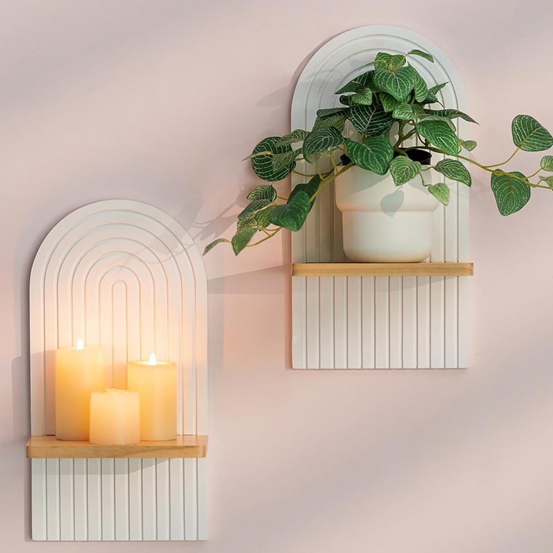 Walasis White Boho Wall Candle Holder - Mid Century Candle Sconces Set of 2 for Pillar Candles - Wood Modern Rainbow Arch Decor Beside Fireplace TV - Image 1
