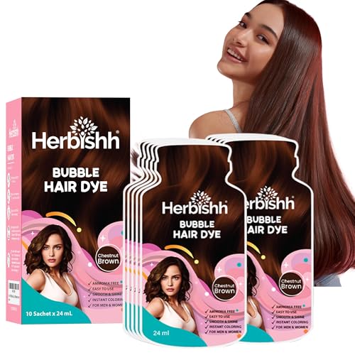 Herbishh Bubble Foam Hair Dye Shampoo 3 in 1 Dye for 100 Grey Coverage Permanent Hair Coloring for Men Women Longlasting Travelfriendly Ammoniafree 10 Sachet x 24 ml Chestnut Brown - Image 1