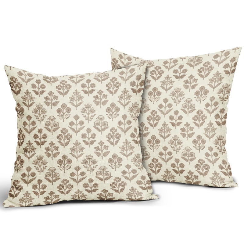 Sivirary Brown Floral Pillow Covers 22x22 Inch Set of 2, Vintage Flower Block Print Pattern Decorative Throw Pillowcases Outdoor Farmhouse Cushion Covers Spring Summer Rustic Sofa Couch Bed Decor - Image 2
