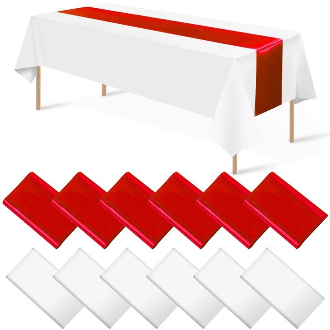 12PACK 12X108 INCH SATIN TABLE RUNNER AND 54X108 INCH PLASTIC TABLECLOTHS SET RED AND WHITE DISPOSABLE RECTANGLE TABLE COVER FOR GRADUATION WEDDING BRIDAL SHOWER ANNIVERSARY BIRTHDAY PARTY DECORATIONS