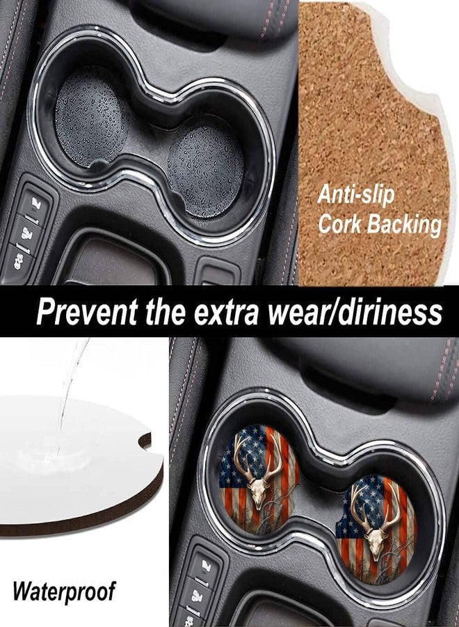 ZHIZHEND Ceramic Cup Holders Car Coasters for Women/Men,Cute Absorbent Drink Cup Car Holder Coasters with A Finger Notch 2.56" Pack of 2,Deer Skull American Flag - Image 3