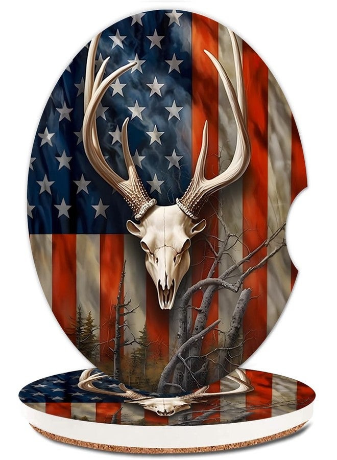 ZHIZHEND Ceramic Cup Holders Car Coasters for Women/Men,Cute Absorbent Drink Cup Car Holder Coasters with A Finger Notch 2.56" Pack of 2,Deer Skull American Flag - Image 1