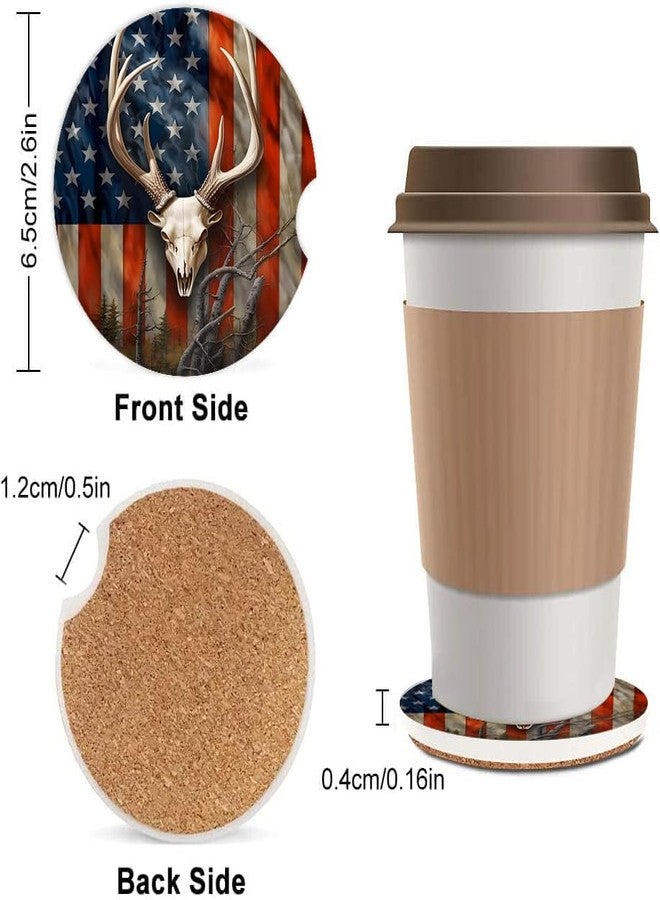 ZHIZHEND Ceramic Cup Holders Car Coasters for Women/Men,Cute Absorbent Drink Cup Car Holder Coasters with A Finger Notch 2.56" Pack of 2,Deer Skull American Flag - Image 2