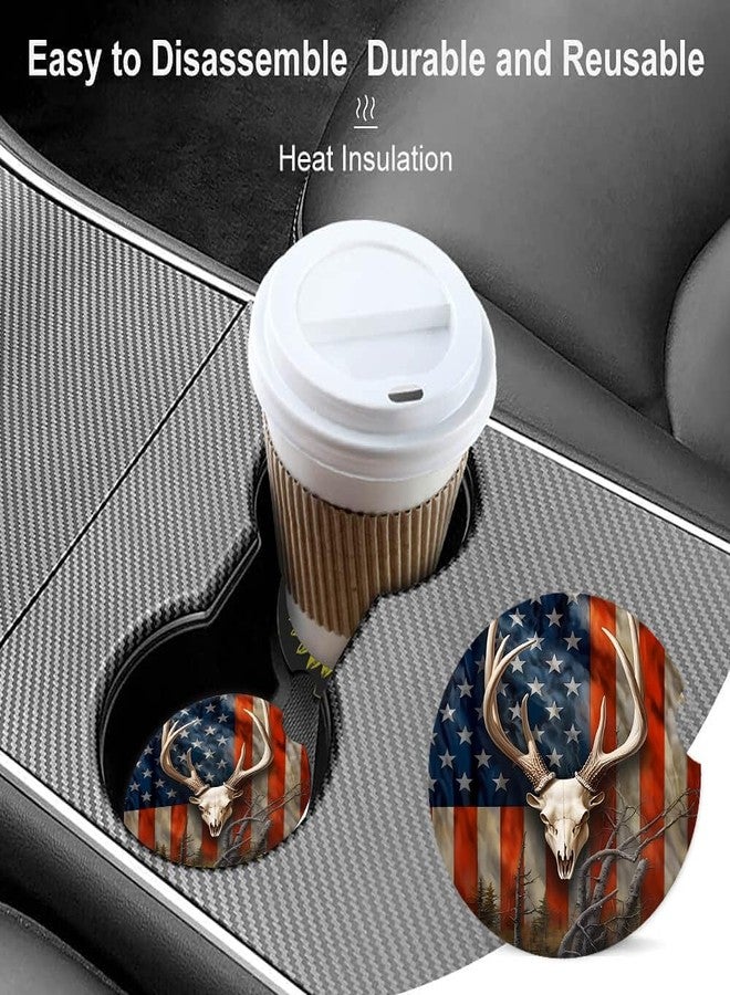 ZHIZHEND Ceramic Cup Holders Car Coasters for Women/Men,Cute Absorbent Drink Cup Car Holder Coasters with A Finger Notch 2.56" Pack of 2,Deer Skull American Flag - Image 4