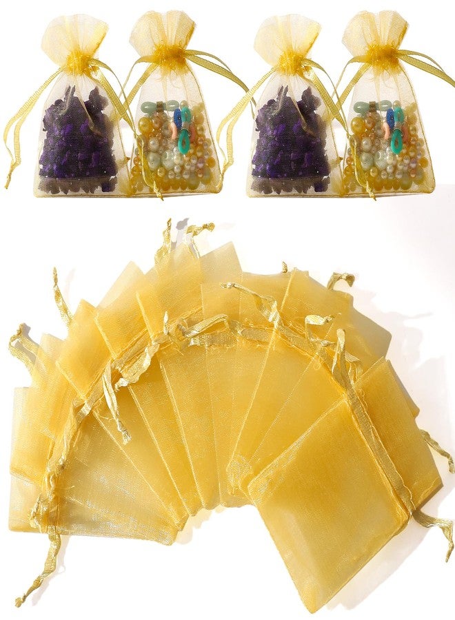 WenTao 100pcs Little Gold Organza Bags 2x3 inch, Mesh Jewelry Pouches Drawstring Empty Sachets for Bracelets Candy Small Gift - Image 1