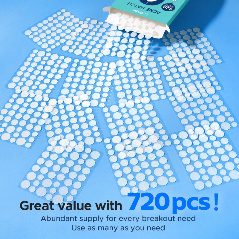 LitBear Pimple Patch Bulk, 720 Patches 3 Size Acne Patches for Face, Hydrocolloid Spot Stickers for Covering Zits, Blemishes, and Breakouts, Suitable for All Skin Types - Image 2