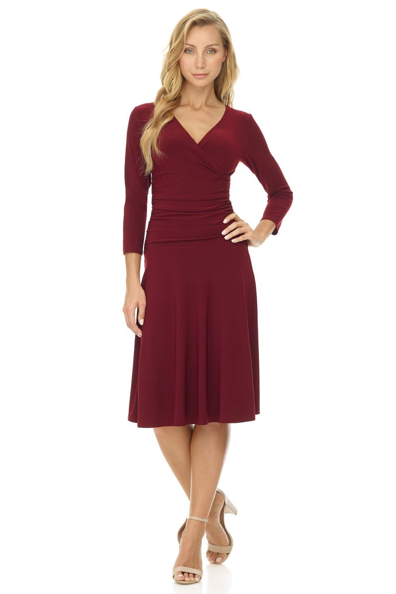 Rekucci Women's Slimming 3/4 Sleeve Fit-and-Flare Crossover Tummy Control Dress (16, Burgundy) - Image 1