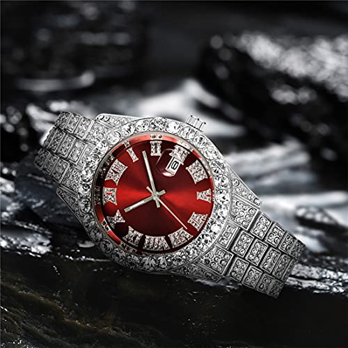 SENRUD Men's Diamond Watch Fashion Crystal Rhinestone Quartz Analog Watch Iced-Out Bracelet Wrist Watch (Silver red) - Image 2