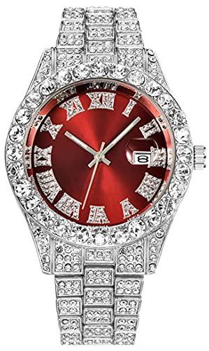 SENRUD Men's Diamond Watch Fashion Crystal Rhinestone Quartz Analog Watch Iced-Out Bracelet Wrist Watch (Silver red) - Image 1