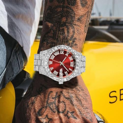 SENRUD Men's Diamond Watch Fashion Crystal Rhinestone Quartz Analog Watch Iced-Out Bracelet Wrist Watch (Silver red) - Image 4