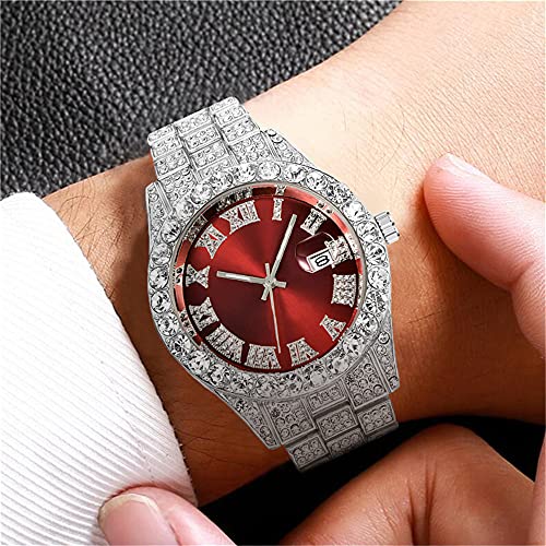 SENRUD Men's Diamond Watch Fashion Crystal Rhinestone Quartz Analog Watch Iced-Out Bracelet Wrist Watch (Silver red) - Image 3