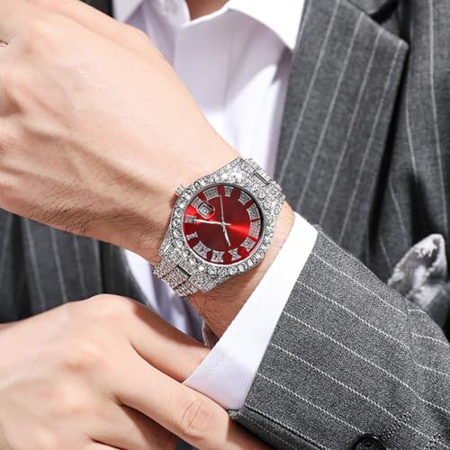SENRUD Men's Diamond Watch Fashion Crystal Rhinestone Quartz Analog Watch Iced-Out Bracelet Wrist Watch (Silver red) - Image 5