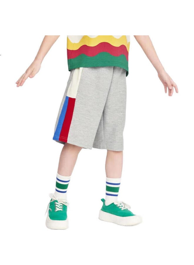 Mqd Boys' Summer Color Block Sports Five-Point Knit Pants Light Grey/Light Linen Grey 130 - Image 1