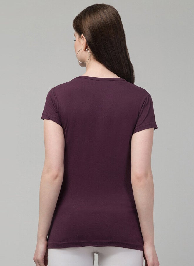 TREND LEVEL Burgundy Typography Printed Cotton T-shirt for Women - Image 4