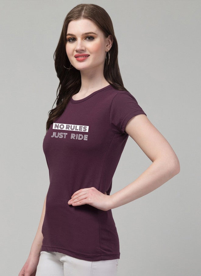 TREND LEVEL Burgundy Typography Printed Cotton T-shirt for Women - Image 3