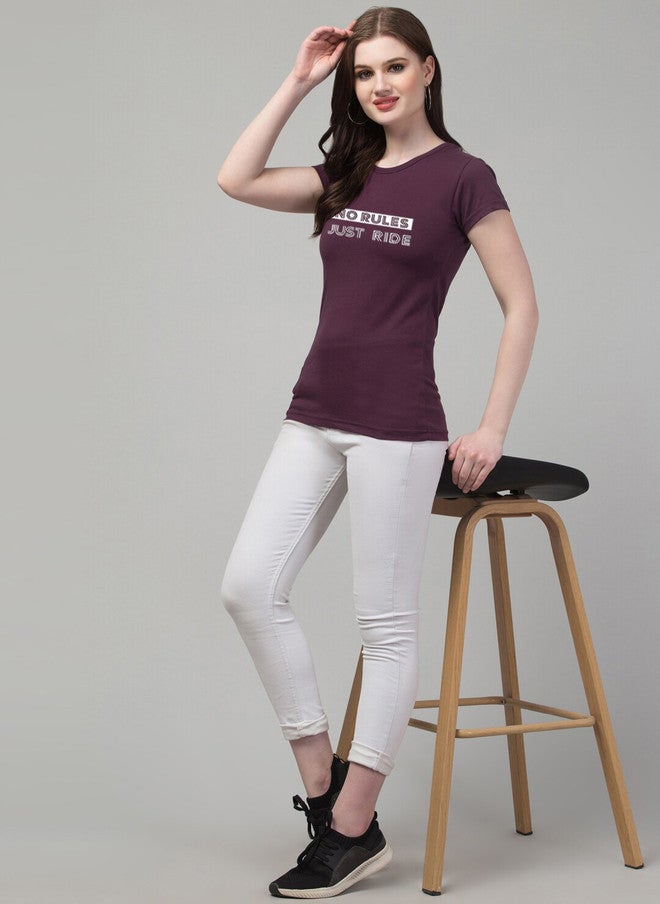 TREND LEVEL Burgundy Typography Printed Cotton T-shirt for Women - Image 5