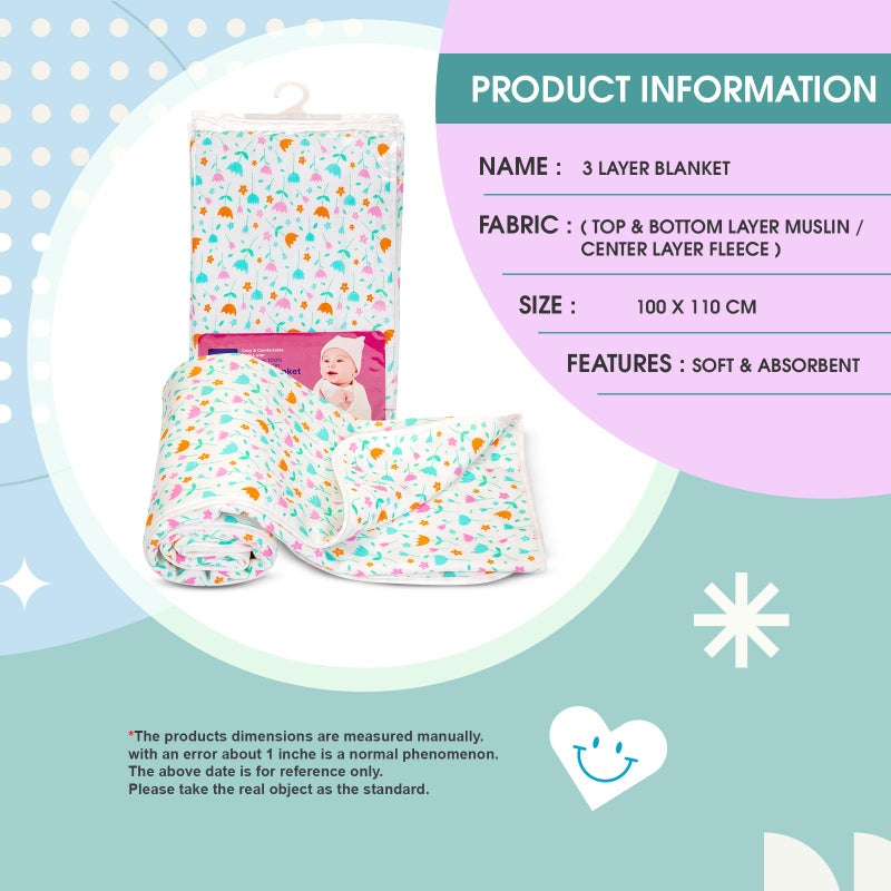 mee mee Mee Mee 2-in-1 Super Soft Baby Blanket & Wrapper | Cozy 3 Layer Blanket with Comfortable Muslin & Fleece | with Attractive Flower Prints (Assorted) for 0-2 Years (100X120 CM) - Image 3