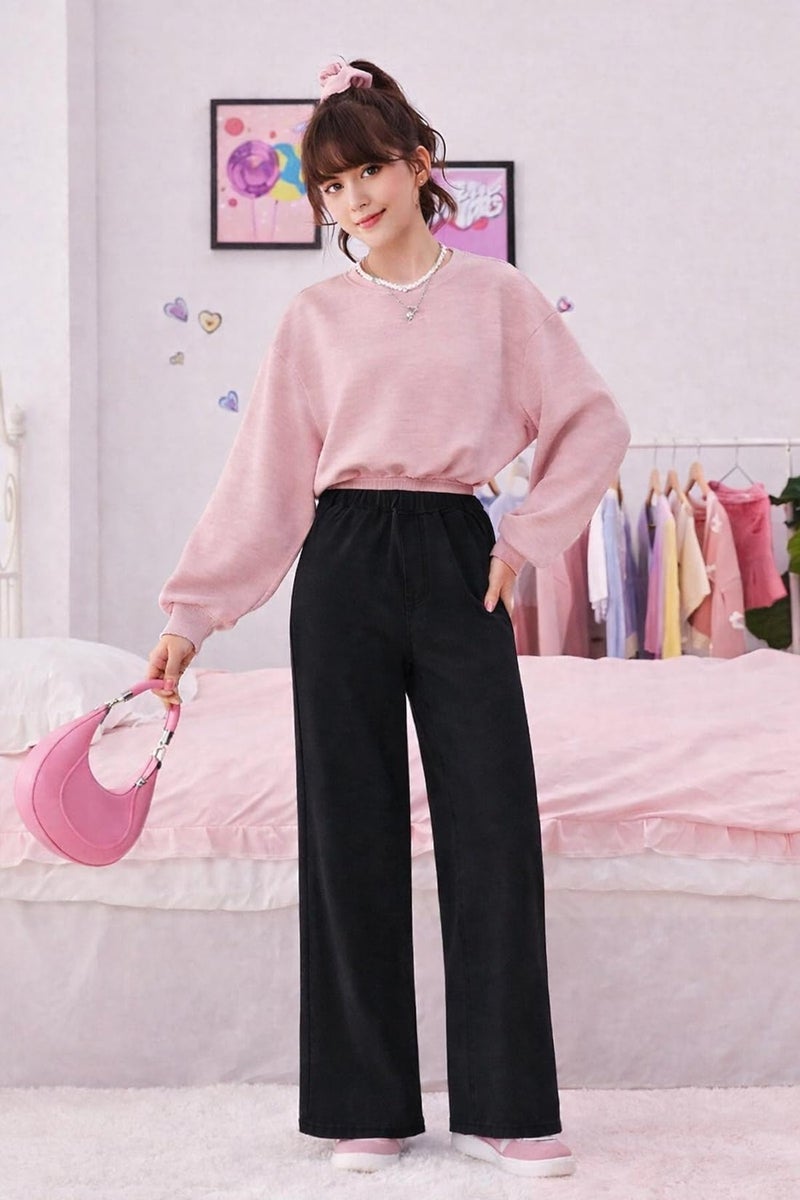 ADBUCKS Girl's Stretch Denim Wide Leg Jeans Comfort Fit with Elastic Waistband, Straight Cut, Casual Style for All Seasons, Versatile Clothing (in, Age, 8 Years, 9 Years, Black) - Image 4